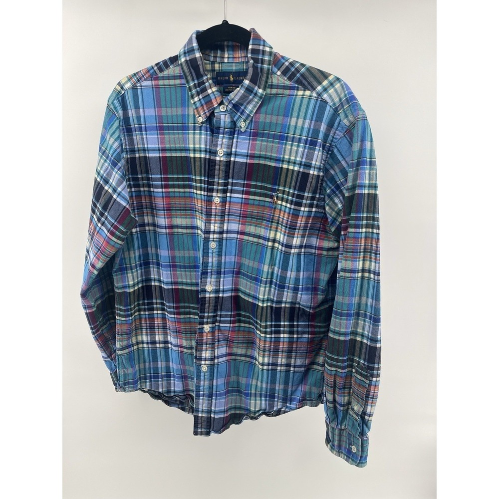 Polo Ralph Lauren Slim Fit Stretch Oxford Plaid Shirt Mens XL Blue Multi-Color